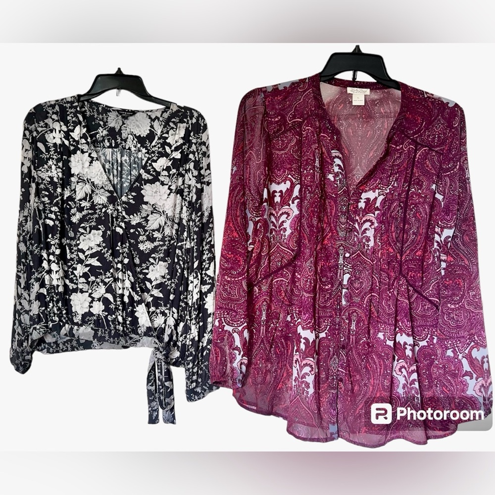 Two Lucky Brand Tops. A Cream & Black Floral & A Sheer Burgundy Mauve XL.